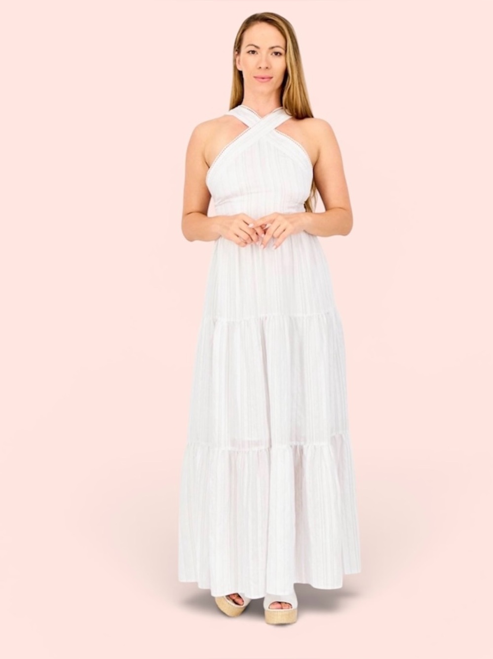 Forever 21 Tiered Halter Maxi Dress Size S White Stripes Coastal Summer Nautical